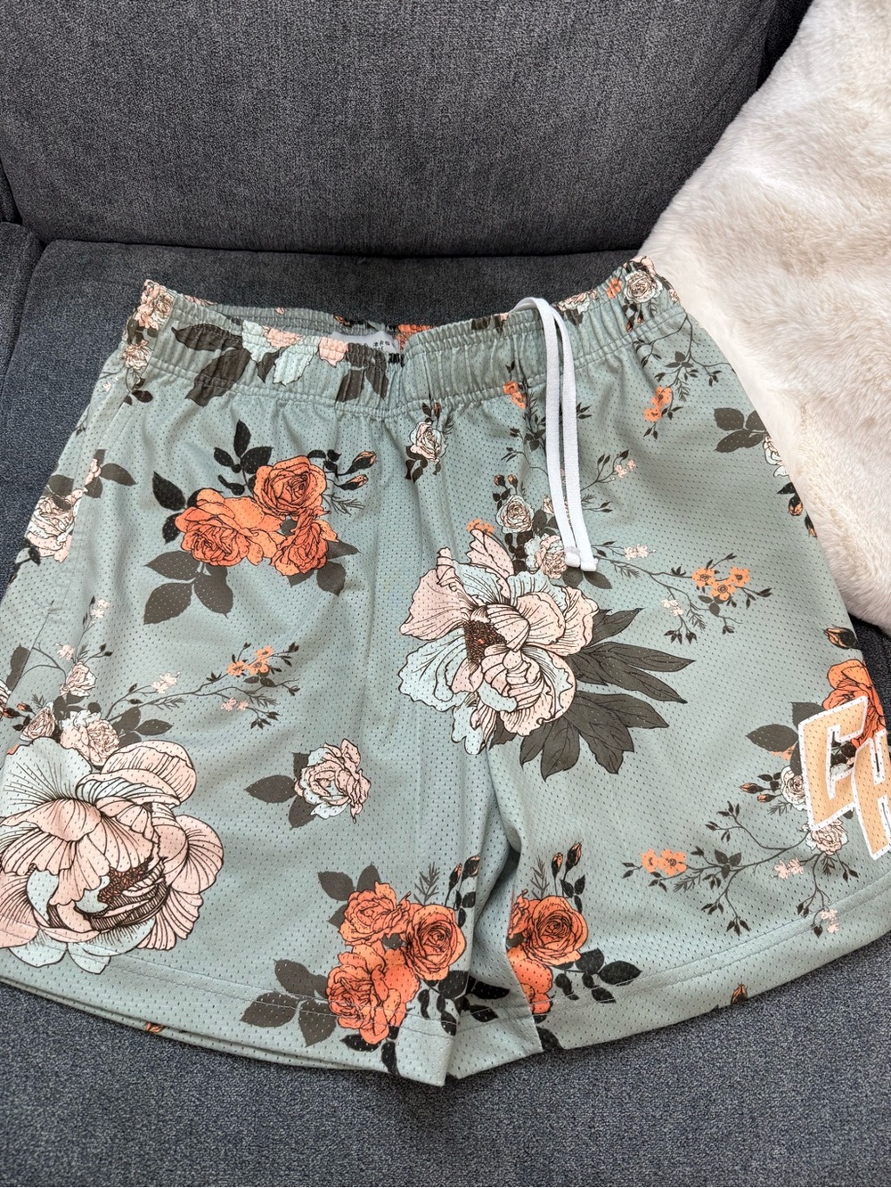 Floral Print Men Athletic Shorts - Sage Green